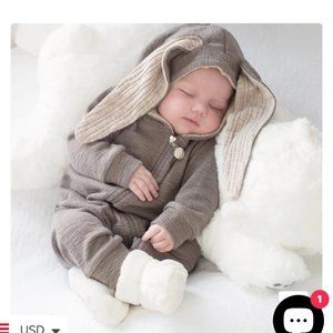 Lala gray with tan accents hooded romper with bunny ears